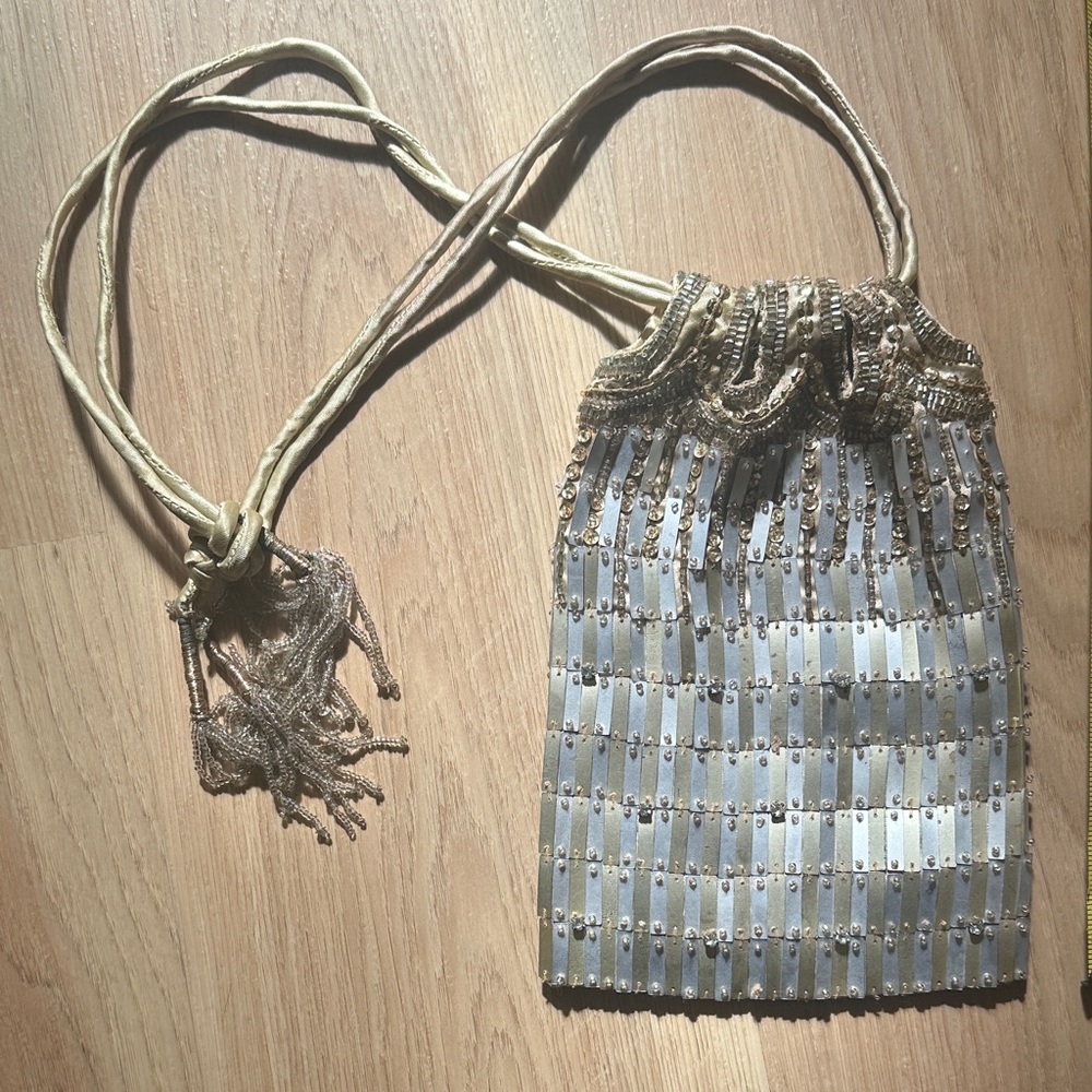 Elegant Beaded Drawstring Bag Newport News - Champagne Gold Metallic